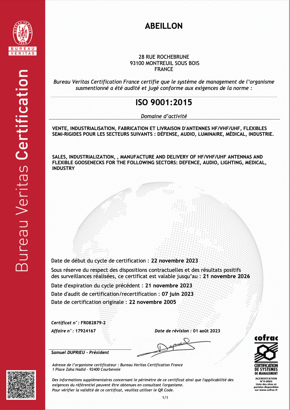 Certificat ISO 9001:2015 de l'entreprise ABIEILLON.